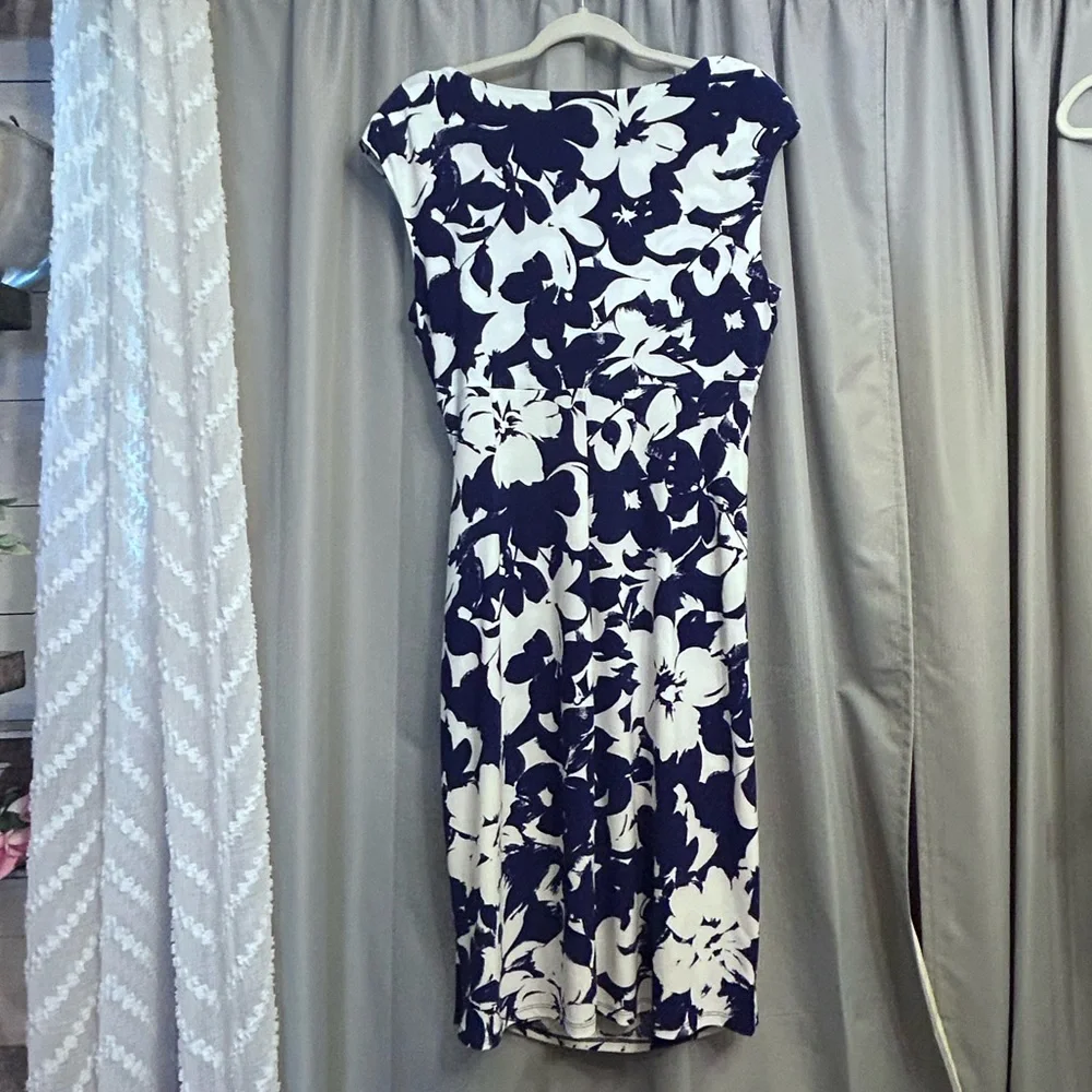 Lauren Ralph Lauren floral Dress blue white ruched waist 8 EUC CHURCH DINNER